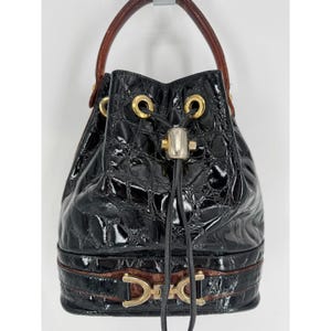 Vintage Black Croc Embossed Italian Leather Drawstring Bucket Bag Handbag Tote Purse
