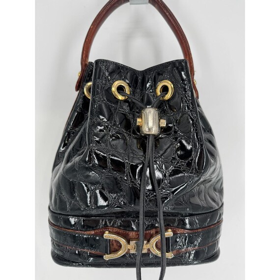 Black Embossed Drawstring Bucket Bag with Silver Trim Vintage Black Croc Embossed Italian Leather Drawstring  main image 3