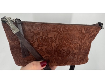 Vintage jaren 90 Y2K Pegabo bruin Italiaans bewerkte leren kleine schoudertas handtas portemonnee