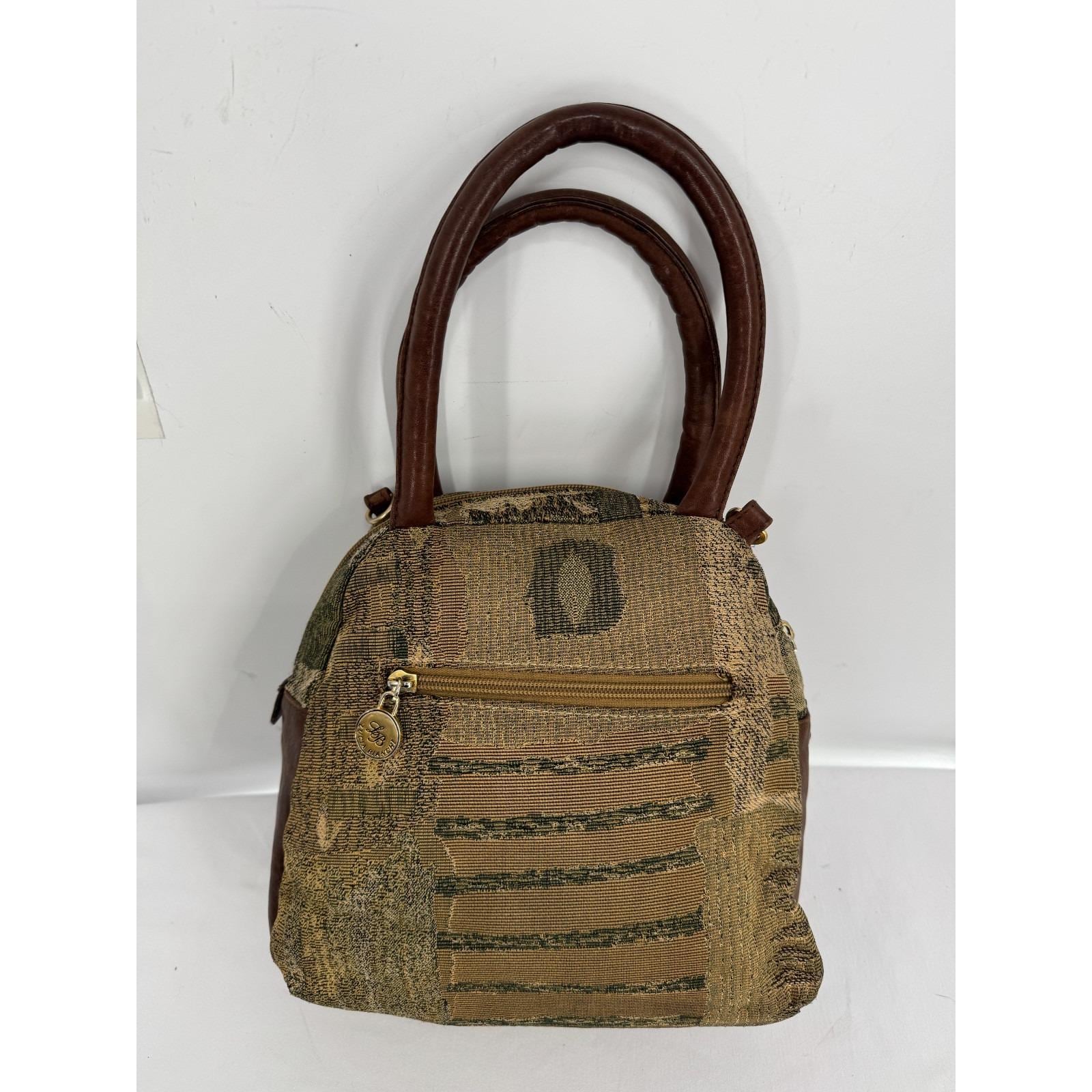 Vintage 80s Lucia Bianchi Tapestry Dome Bag Brown Leather Trim