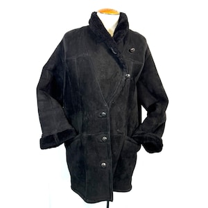 Vintage Black Danier Canada Sheepskin Shearling Fur Suede Jacket Black Coat Women&#39;s Sz L