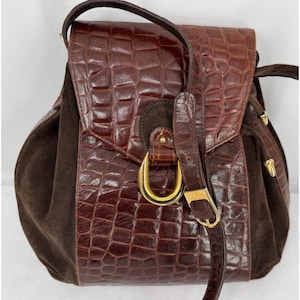Vintage 80s Brown Suede & Croc Embossed Leather Hobo Bag: Made in Canada