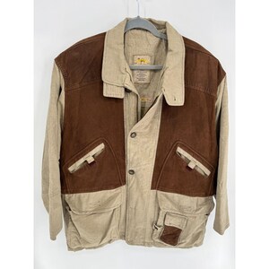 Vintage Camel Comfort Linen & Cognac Brown Patina Leather Pockets Utility Jacket Coat Men&#39;s Sz 50 Fits like Sz XL