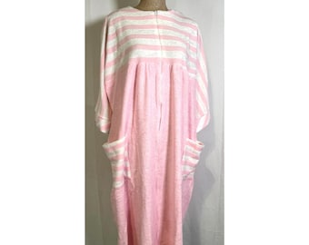 Vintage 60s Terry Cloth Lounge Dress: Pink White Stripe, Pockets, USA Made