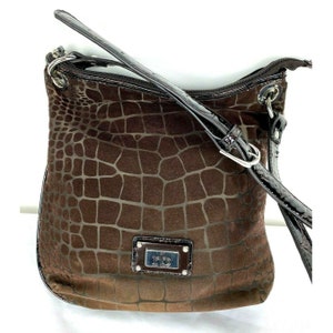Vintage 80s Roccobarocco Brown Croc Embossed Canvas Leather Messenger Crossbody Bag Purse
