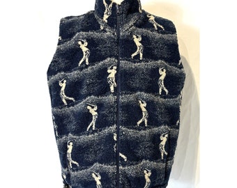 Vintage Tournament Day Blue Sherpa Cotton Golf Print Reversible Vest women's Sz XXL