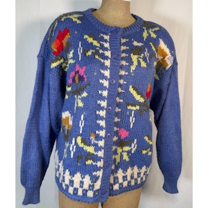 Vintage Kitty Hawk Vivian Wang Blue Ramie Blend Cardigan Flowers Buttons Sz M