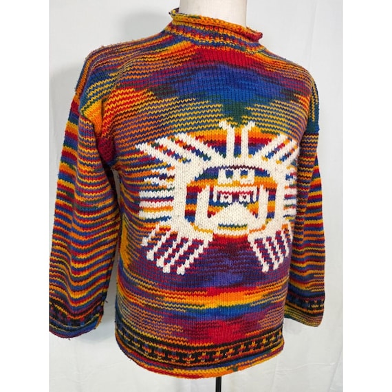 Vintage Yarina Ecuador Wool Knit Sweater: Aztec Native Print, Sz L 