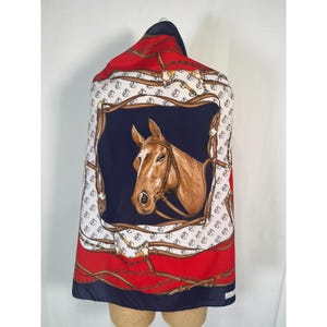 Vintage 70s Leonardi Paris Equestrian Horse Print Horse Bit Bridle Scarf Wrap Red Blue Hand Rolled Edges