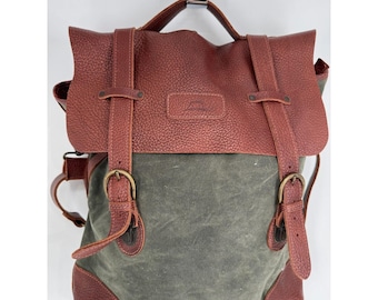 cool military leather backpacks Canvas Backpack - Vintage Army Backpack Handmade Olive brown roll top leather backpack for men and women Large Vintage Army Canvas Backpack