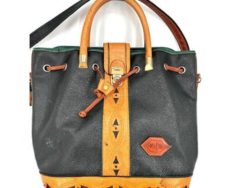 Vintage 80s Mazzini Large Black Patina Leather Bucket Shoulder Bag Tote Handbag