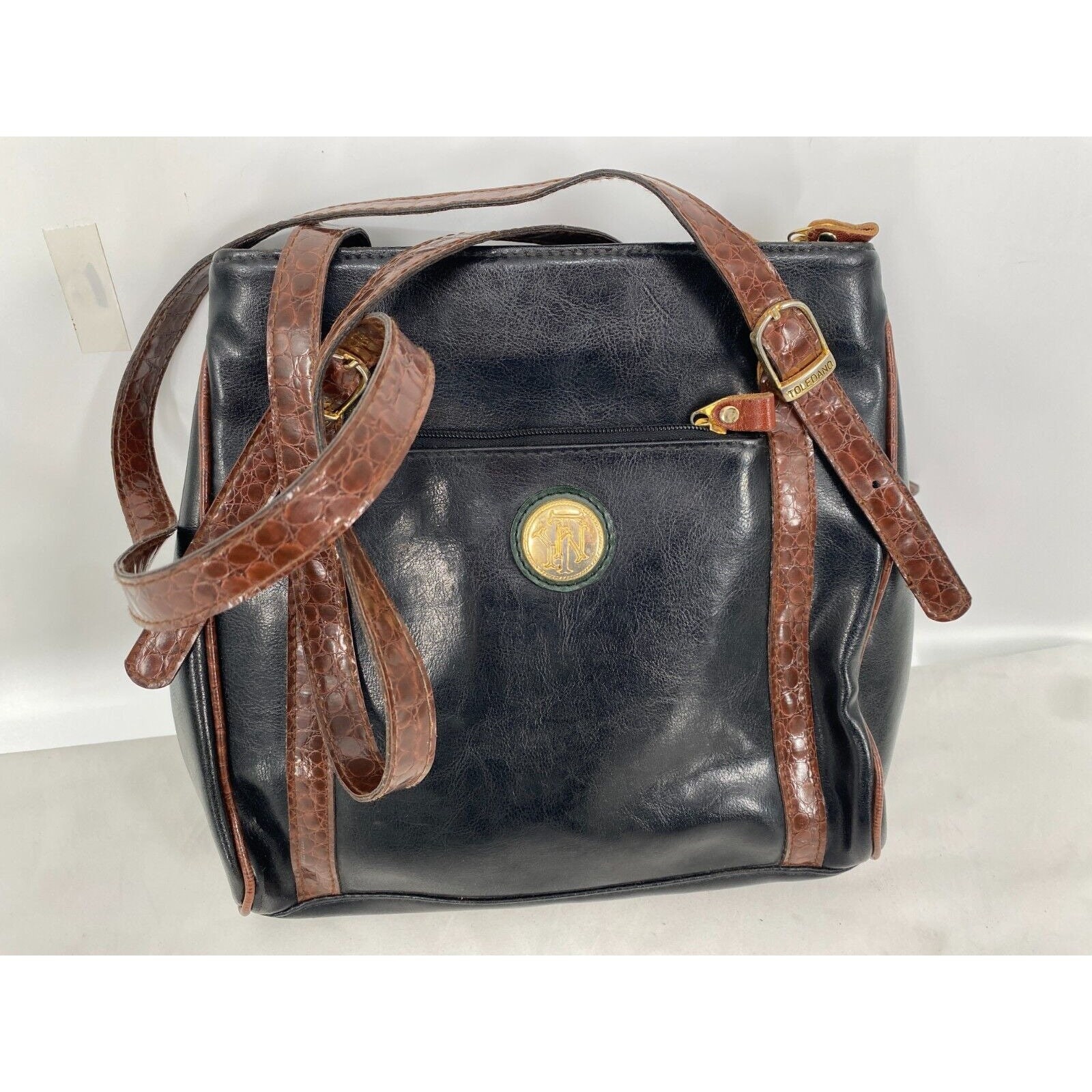 Vintage 90s Toledano Black Leather Croc Embossed Trim