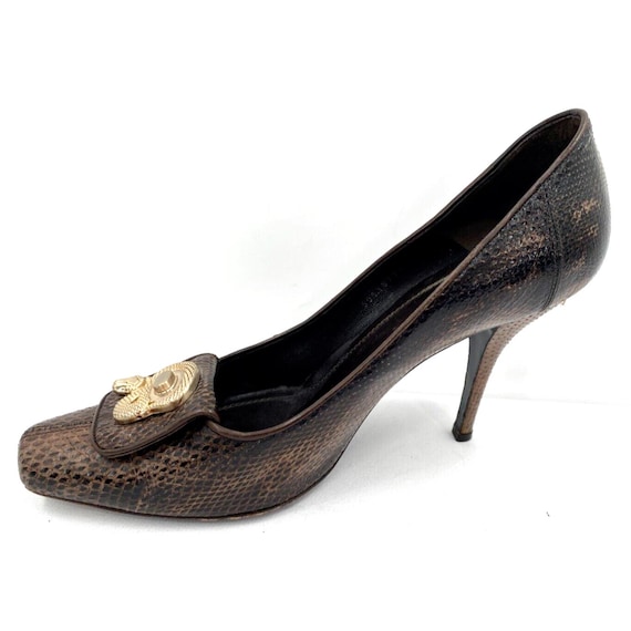 Hugo Boss, Vintage 80s Hugo Boss Brown Gold Snake Buckle Leather Pumps Heels Shoes Sz 38.5 (7.5)