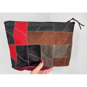 Vintage 70s Patchwork Leather Handmade Clutch Purse Handbag Zip Bag Made in Canada