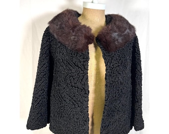 Vintage 60s Black Faux Karakul Lamb Coat Brown Mink Fur Collar Jacket Coat Sz M
