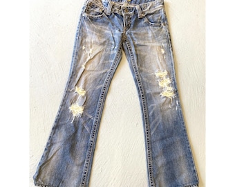 Vintage 90er MOUSSY Distressed Hippie Blue Denim Jeans Flair Hose Damen Gr. 28