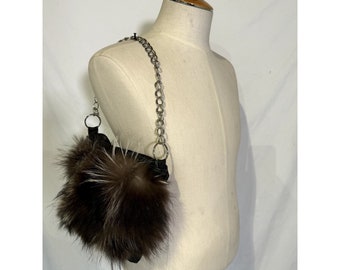 Vintage 90s Custom Made Genuine Silver Fox Fur Leather Hobo Shoulder Bag Purse Chain Strap Handbag