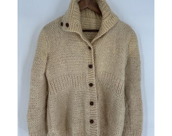 Vintage Handmade White Cream Pure Chunky Knit Irish Wool Fisherman&#39;s Sweater Cardigan Sz M