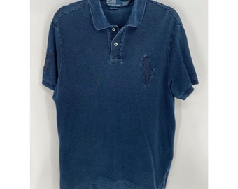 vintage Polo Ralph Lauren - Polo de golf en coton bleu denim avec col boutonné n° 3 Big Pony Homme Taille L