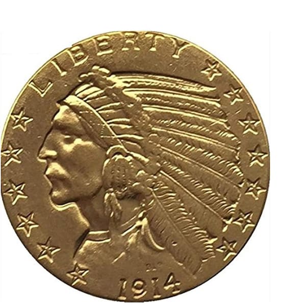 Rare USA United States Gold Plated 1914 Indian Eagle Five Dollar Coin. Discover!