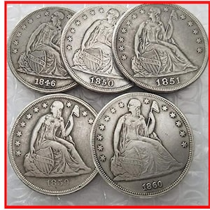 Rare 1846-1860 USA American Seated Liberty Dollar 5 pcs Full Set Silver Color Coins. Discover now!