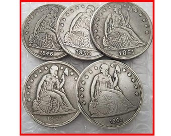 Rare 1846-1860 USA American Seated Liberty Dollar 5 pcs Full Set Silver Color Coins. Discover now!