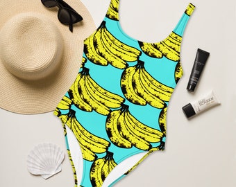 Women's One-Piece Swim Bodysuit - Aqua Banana Print "Going Bananas!"