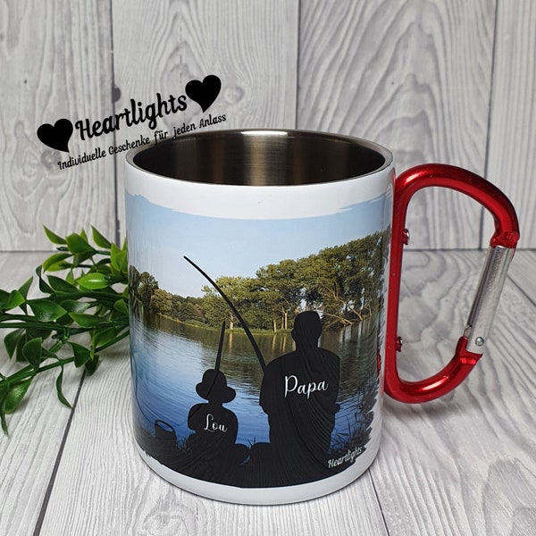 personalisierte Edelstahltasse mit Karabinergriff rot Anglertasse mit Name Spruch Fototasse Outdoortasse Angeltasse Becher mit Karabiner