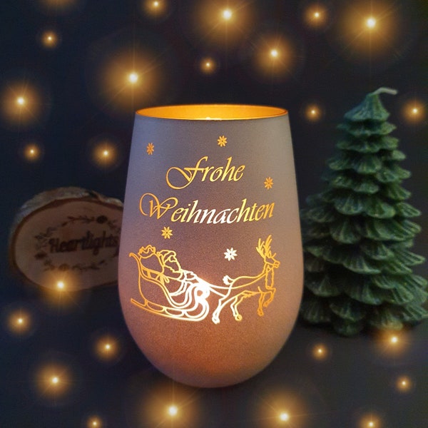 Windlicht Frohe Weihnachten Santa mit Schlitten Gravur Teelichtglas Leuchtglas Teelichthalter Kerzenhalter Stölzle Becherpersonalisiert