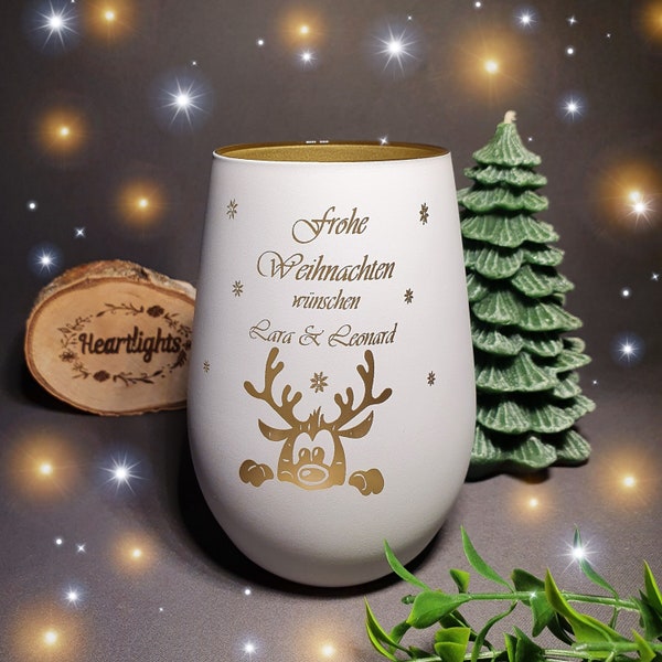 personalisiertes Windlicht Frohe Weihnachten Elch Rentier Gravur Teelichtglas Leuchtglas Teelichthalter Kerzenhalter Glas graviert Name Vase