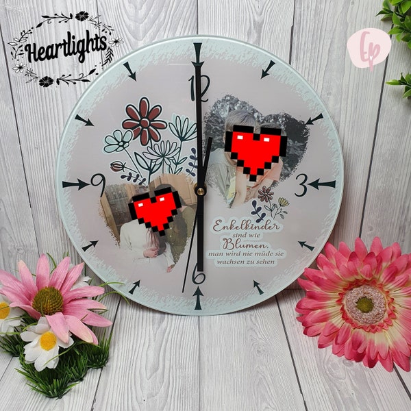 personalisierte Wanduhr aus Glas Glasuhr mit persönlichem Foto individuell gestaltet Fotouhr mit Name Spruch sublimiert Kinder Enkelkinder