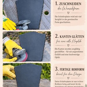 May include: An infographic showing the three-step process of crafting a slate plate. It features images of a person in yellow gloves cutting, sanding, and holding a dark gray slate piece. Text includes 'Die ersten Arbeitsschritte', '1. ZUSCHNEIDEN', '2. KANTEN GL&Auml;TTEN', '3. FERTIGE ROHFORM', and '100% HANDARBEIT'.