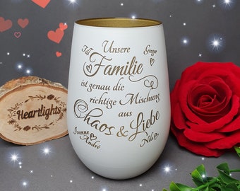 Lanterna personalizzata incisa al laser con la scritta Family Chaos Love + nome regalo in vetro illuminato per la famiglia, vaso in vetro illuminato inciso