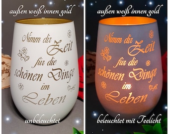 personalisiertes Windlicht lasergraviert mit Wunschspruch Zeit für schöne Dinge Leuchtglas Geschenk Freunde Familie Grablicht graviert Laser