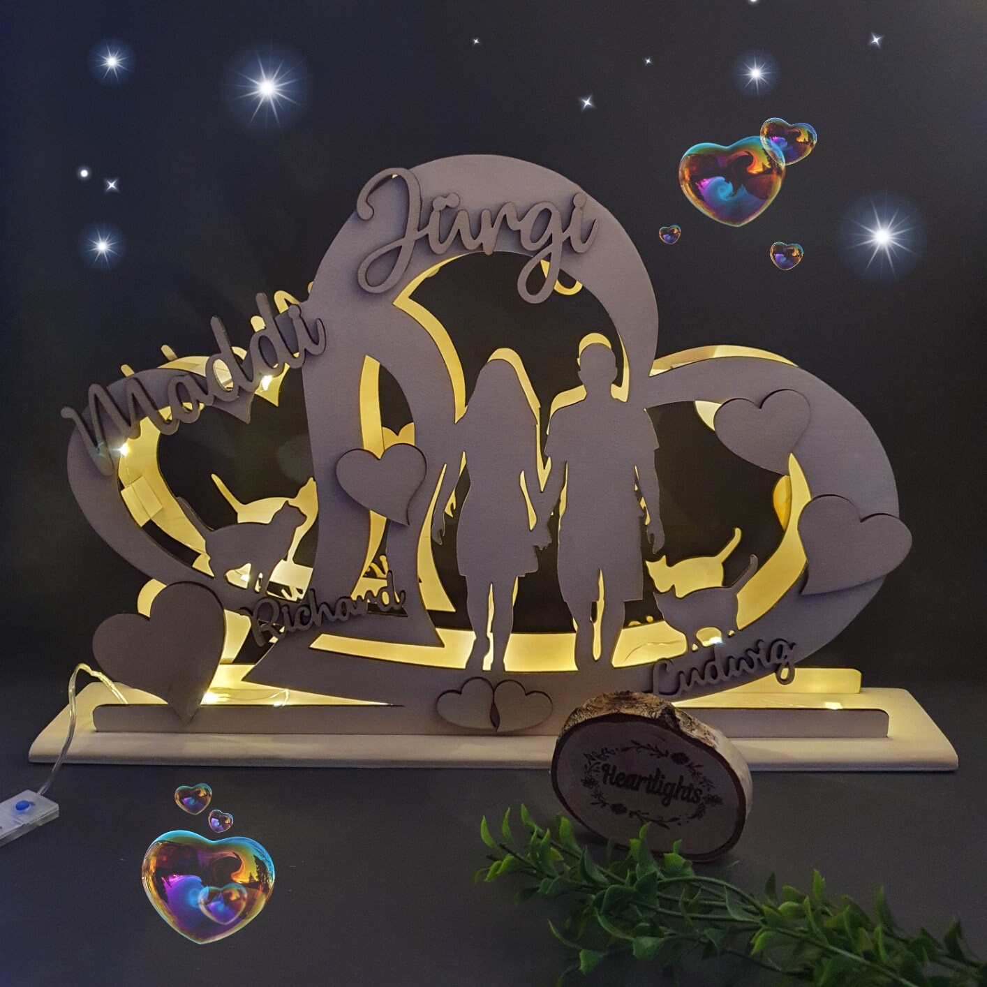 Lampada A Cuore Personalizzata Con Dedica - Luce LED, Base Legno, Regalo Romantico Per Coppie - Made In Italy - Foto 10