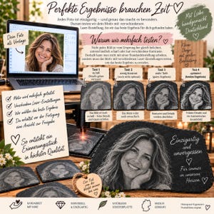 May include: A promotional graphic displaying a custom laser-engraved slate plaque featuring a woman's portrait. The image includes a laptop showing the design process, four test variations of the engraving, and text in German explaining the quality process.