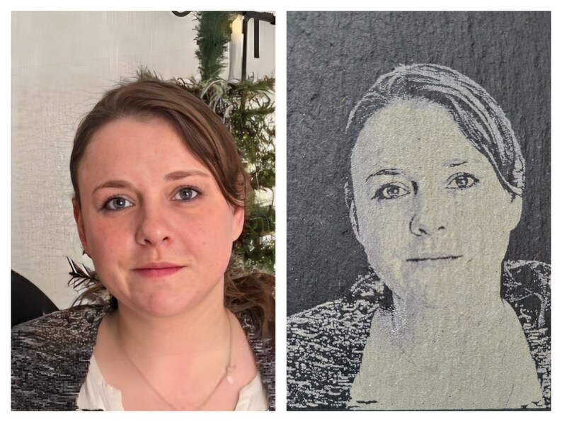 May include: A side-by-side comparison showing a color photograph of a person with brown hair on the left and a monochromatic, high-contrast laser-engraved portrait of the same person on a dark, textured rectangular slate plaque on the right.