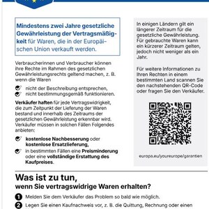 May include: An informational document titled GESETZLICHE GEW&Auml;HRLEISTUNG with a blue header featuring a shield and stars. It outlines European Union consumer rights regarding product warranties, including a QR code and text about legal remedies.