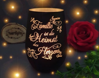 personalisiertes Windlicht Familie Family lasergraviert mit Spruch Heimat Herzen + Namen Liebe Geschenk Vase Leuchtendes Glas graviert