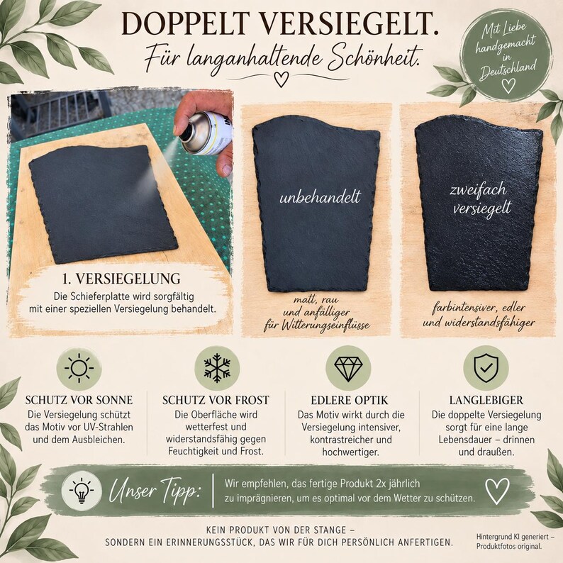 May include: An infographic explaining the double-sealing process for slate plaques. It shows a spray application, a comparison between untreated and sealed slate, and icons detailing protection against sun, frost, and weather for indoor and outdoor use.