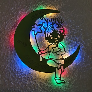 Night light wall lamp boy on moon with name birth date