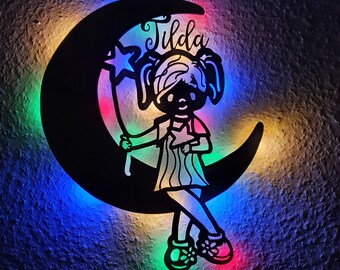 personalisierte Wandlampe Mädchen auf Mond mit Name Geburtsdaten LED Lichterkette  Wand Lampe Holz für Junge Mädchen Baby zur Geburt Taufe