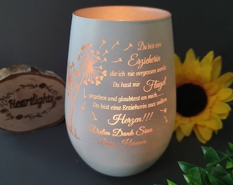Windlicht, Trinkglas oder Vase als Geschenk Lehrer-in / Erzieher-in  mit persönliche Namen und Wunschspruch, Abschiedsgeschenk Lehrerin Vase