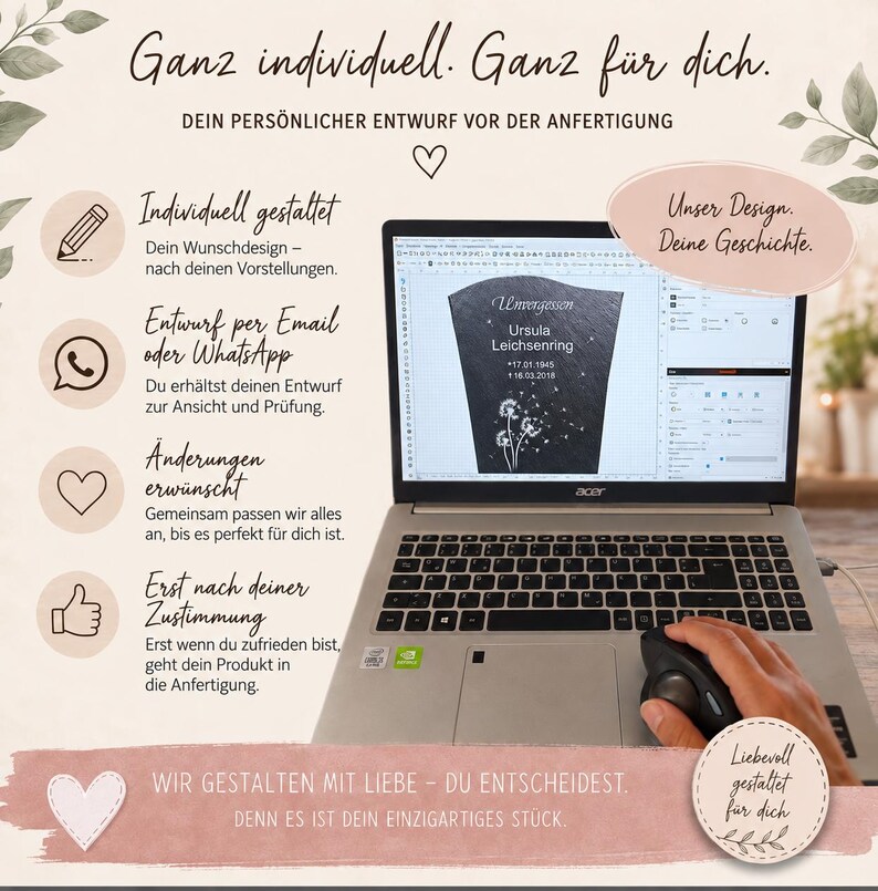 May include: A silver laptop displaying a custom memorial stone design with the text Unvergessen, Ursula Leichsenring, dates, and dandelion graphics. The screen shows a design software interface. Text overlays in German explain the custom design process.