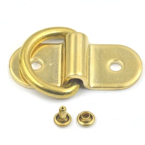 Puede incluir: Un anillo en D de metal dorado con una placa plana y dos agujeros. El anillo en D está unido a la placa con un remache. La placa tiene un borde redondeado. Hay dos remaches adicionales de metal dorado.
