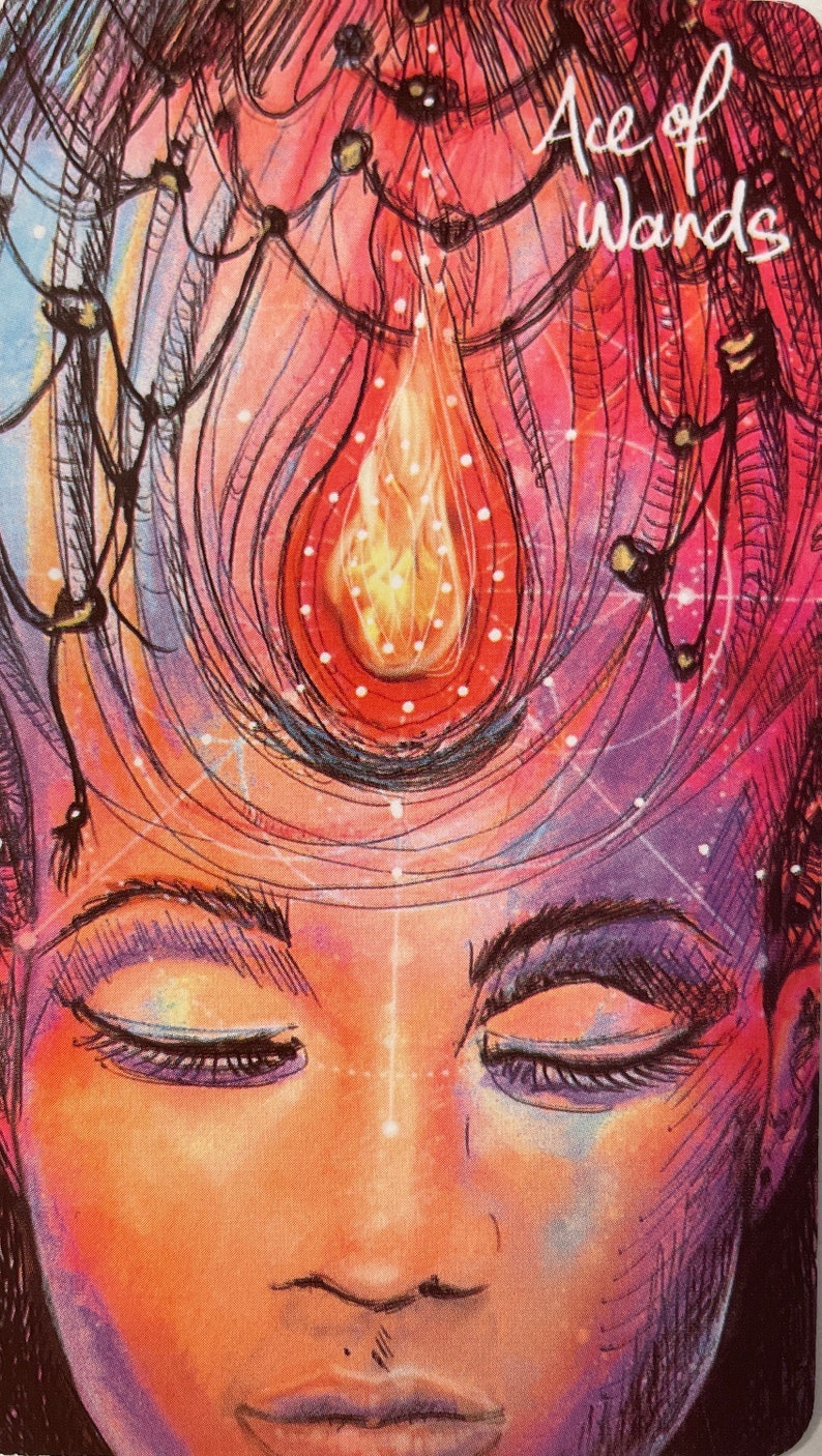 May include: A tarot card illustration featuring a face with closed eyes, overlaid with a fiery, teardrop-shaped flame. The card is titled "Ace of Wands" in white script. The color palette includes orange, red, purple, and blue.