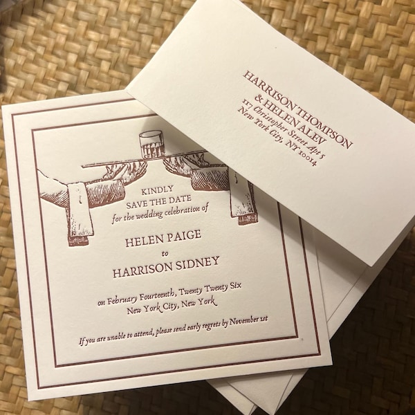 Custom Square Letterpress Save The Date Cards Set | Personalized Letterpress Save the Date with Matching Envelopes