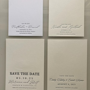 May include: Four save the date cards with different names and dates. The cards are all white with black text. The first card says "save the date" and then "Nathalie + Daniel" in cursive. The second card says "save the date" and then "Nicole and Michael" in cursive. The third card says "SAVE THE DATE" and then "05.10.25" in bold. The fourth card says "SAVE THE DATE" and then "Cassidy Tabilcy & Emmett Kiernan" in cursive.