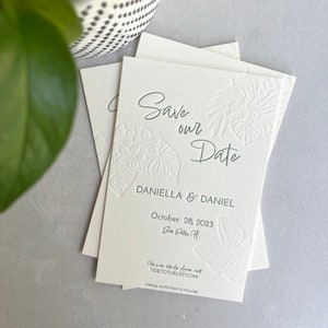 Tropical Letterpress Save Our Date Card | Custom Bespoke Wedding Stationery | Palm Leaf Letterpress Save the Date Card for Tropical Wedding
