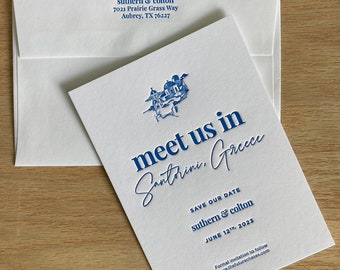 Custom Letterpress Save The Date Cards | Bespoke Letterpress Invitation | Greece | Icons | Logos | Cityscape | Venues | Illustrations